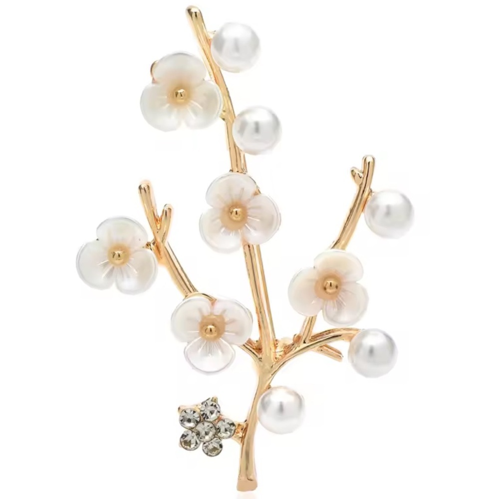 Cherry Blossom Gold Pearl Floral Brooch